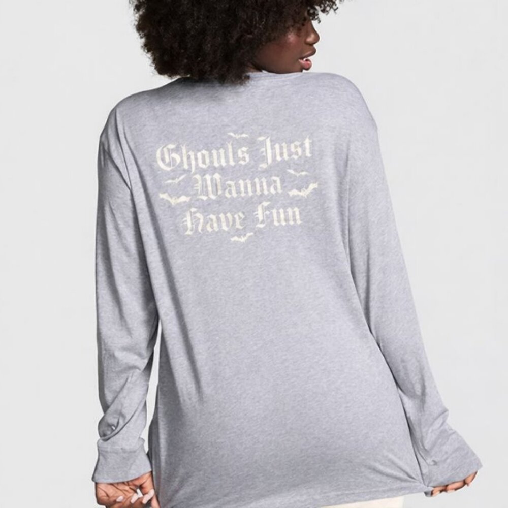 Victoria's Secret PINK Campus Long Sleeve Tee (Grey Ghouls Just Wanna Have Fun)
